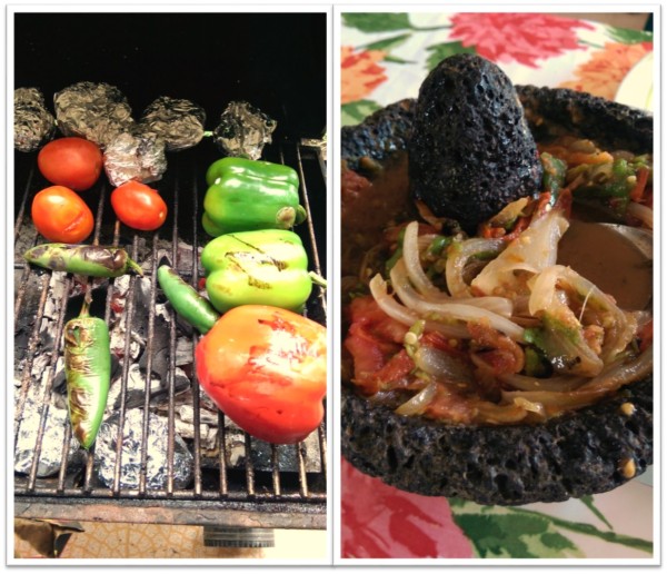 Let those jalapenos burn,  and destroy in that mortar, add some caramelized onions to the salsa and a splash of lime juice. 